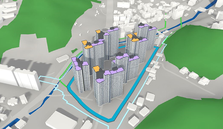 AI 기반 공동주택 3D 자동설계 시스템을 활용한 배치 조감도 예시